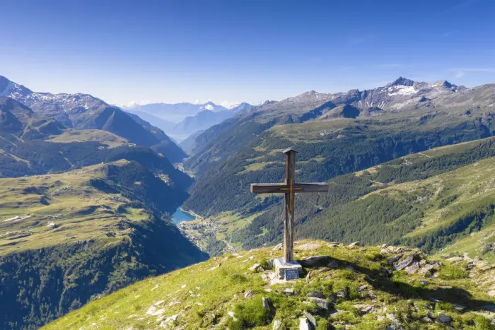Framed Print : Cross on top of Mount Cardine overlooking Campodolcino, Isola and Andossi villages Framed Print : Cross on top of Mount Cardine overlooking Campodolcino, Isola and Andossi villages