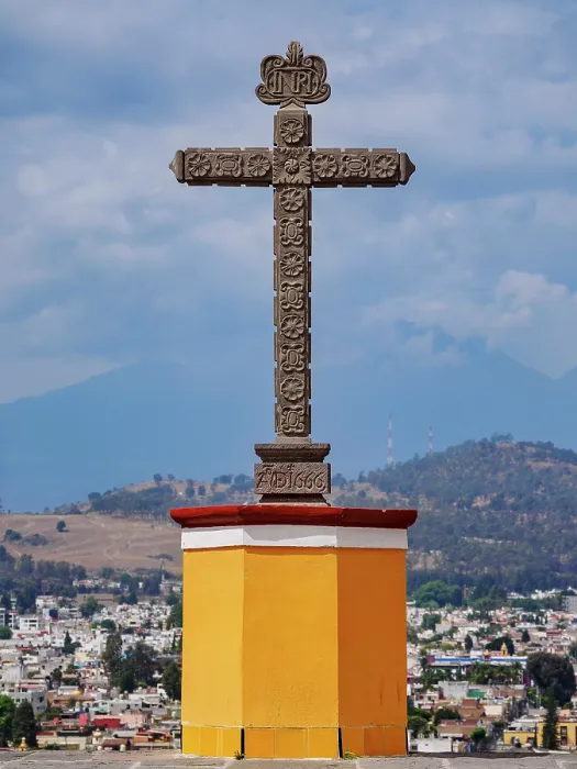 Framed Print : Cross in front of the Nuestra Senora de los Remedios Church on top of the Great Pyramid with Iztaccihuatl Volcano in the background, Cholula, Puebla State, Mexico