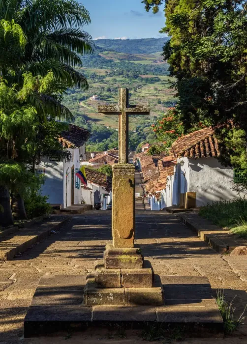 Framed Print : Cross in front of the Santa Barbara Chapel, Barichara, Santander Department, Colombia Framed Print : Cross in front of the Santa Barbara Chapel, Barichara, Santander Department, Colombia
