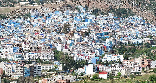 Crowded houses of Chefchaouen viewed from a hill, Morocco