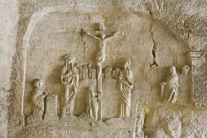 Framed Print : Crucifixion Cave Carving, Brantome Abbey, Dordogne, France