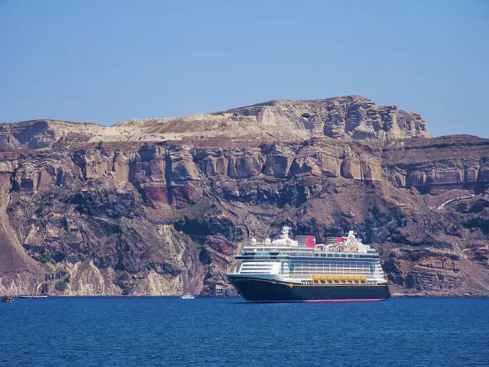 Framed Print : Cruise Ship at the caldera near Fira, Santorini or Thira Island, Cyclades, Greece