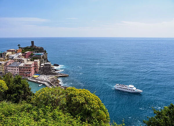 Cruise Ship by the coast of Vernazza, Cinque Terre, UNESCO World Heritage Site, Liguria