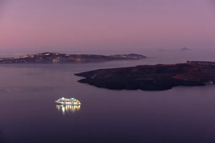 Framed Print : Cruise ship at dawn in calm waters off Firostephani, Santorini, Cyclades Islands, Greece, Europe Framed Print : Cruise ship at dawn in calm waters off Firostephani, Santorini, Cyclades Islands, Greece, Europe