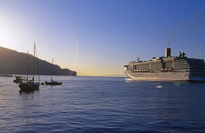 Framed Print : Cruise ship leaving Funchal Harbour at sunset Framed Print : Cruise ship leaving Funchal Harbour at sunset