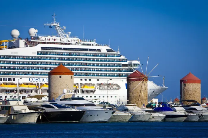 Framed Print : Cruise Ship & luxury boats in Mandraki Harbour, Rhodes Town, Rhodes, Greece Framed Print : Cruise Ship & luxury boats in Mandraki Harbour, Rhodes Town, Rhodes, Greece