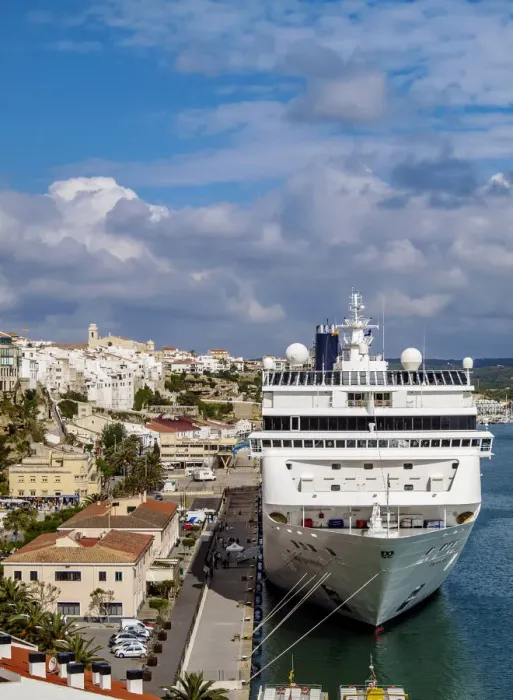 Framed Print : Cruise ship in port, Mahon or Mao, elevated view, Menorca or Minorca, Balearic Islands Framed Print : Cruise ship in port, Mahon or Mao, elevated view, Menorca or Minorca, Balearic Islands