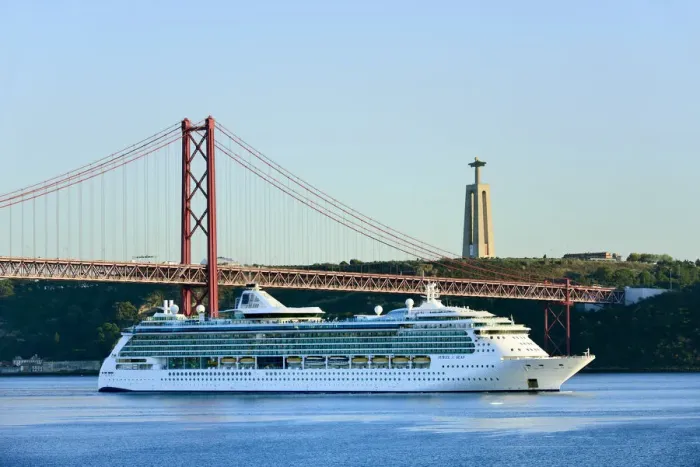 Framed Print : A cruise ship in the Tagus river, leaving the port of Lisbon, passes beneath the 25 Framed Print : A cruise ship in the Tagus river, leaving the port of Lisbon, passes beneath the 25