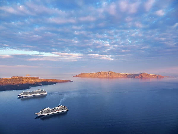 Cruise Ships at the caldera seen from Fira, sunrise, Santorini or Thira Island, Cyclades, Greece