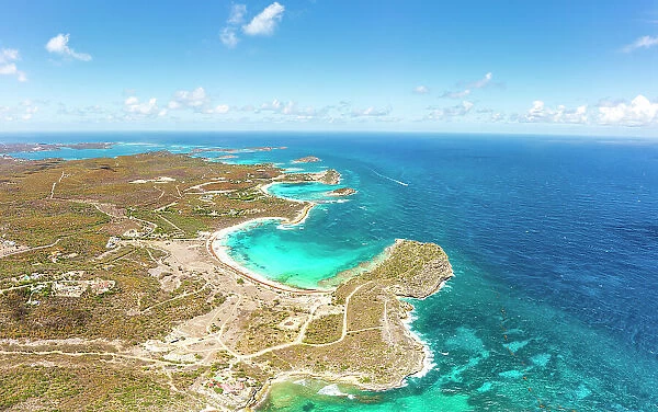 Crystal clear water of Caribbean Sea washing the fine sand beach at Half Moon Bay, overhead view, Antigua, Caribbean, West Indies