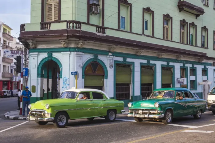 Framed Print : Cuba, Havana, Classic American cars passing by Bar San Juan Framed Print : Cuba, Havana, Classic American cars passing by Bar San Juan