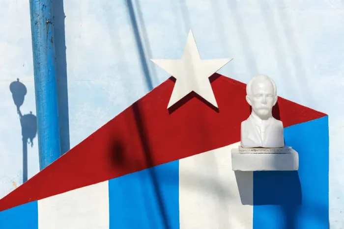 Framed Print : Cuba, Havana, Cuban flag and Jose Marti bust