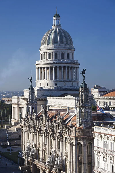 Cuba, Havana, elevated city view towards the Capitolio Nacional with El Teatro de