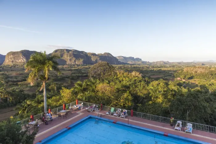 Framed Print : Cuba, Pinar del Raio Province, Vinales, View over Hotel Horizontes Los Jazmines swimming