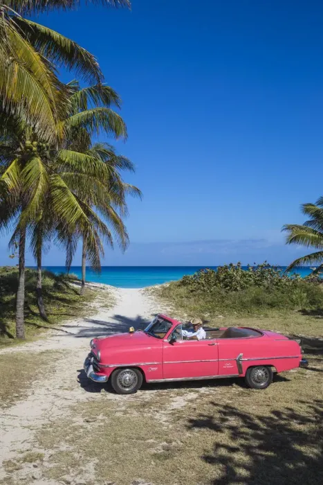 Framed Print : Cuba, Varadero, Pink Plymouth car on Varadero beach