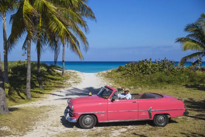 Framed Print : Cuba, Varadero, Pink Plymouth car on Varadero beach Framed Print : Cuba, Varadero, Pink Plymouth car on Varadero beach