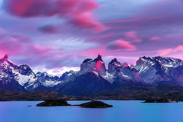 Cuernos del Paine and Lake Pehoe at sunrise, Torres del Paine National Park, Patagonia, Chile