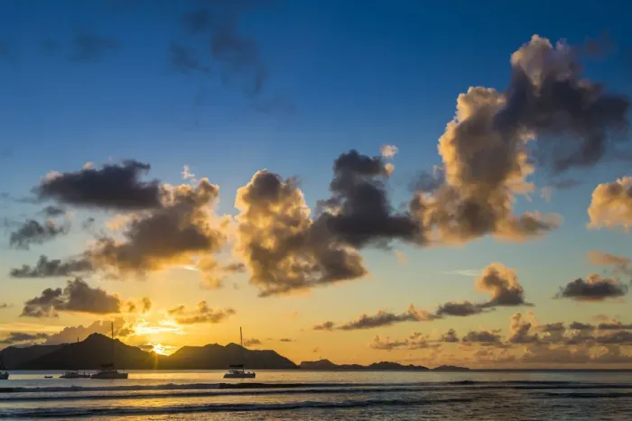 Framed Print : Cumulus cloads at sunset, La Digue, Seychelles Framed Print : Cumulus cloads at sunset, La Digue, Seychelles