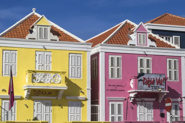 Framed Print : Curacao, Willemstad, Pietermaai, Bij Blauw Boutique hotel and restaurant and Deja
