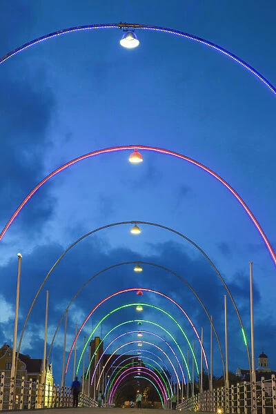 Curacao, Willemstad, Queen Emma pontoon bridge at night, somtimes called the swinging