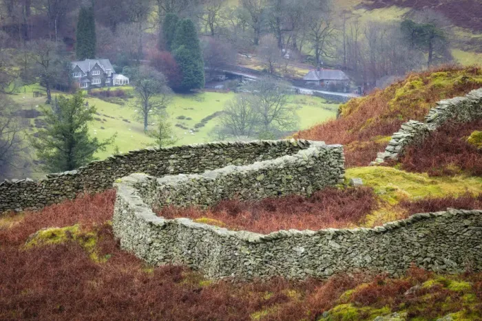 Framed Print : Curving dry stone wall on Loughrigg Fell near Ambleside, Lake District National Park Framed Print : Curving dry stone wall on Loughrigg Fell near Ambleside, Lake District National Park