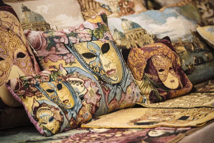 Framed Print : Cushions with Venetian design on display, Burano, Veneto Province, Italy, Europe Framed Print : Cushions with Venetian design on display, Burano, Veneto Province, Italy, Europe