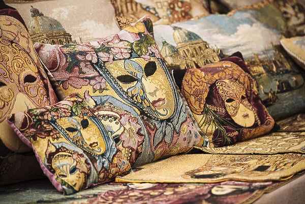 Cushions with Venetian design on display, Burano, Veneto Province, Italy, Europe