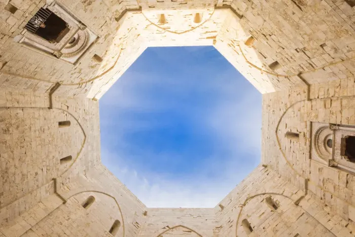 Framed Print : Cutting of sky viewed from the inside courtyard of Castel del Monte fortress in Andria Framed Print : Cutting of sky viewed from the inside courtyard of Castel del Monte fortress in Andria