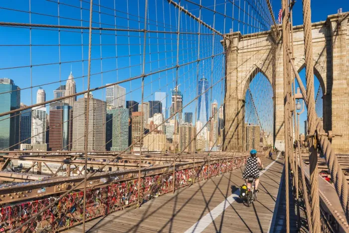 Framed Print : Cycling over the Brooklyn Bridge, New York, USA