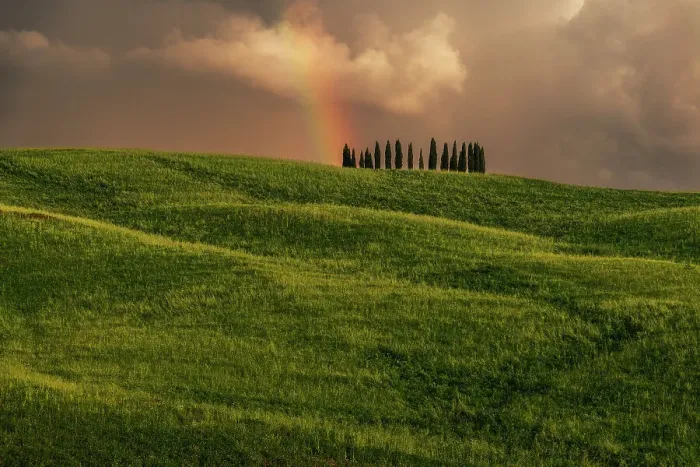 Framed Print : Cypress trees & rainbow in the background. Val d'Orcia, Tuscany, Italy