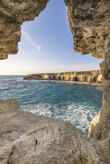 Framed Print : Cyprus, Ayia Napa, The sea caves at Cape Greco Framed Print : Cyprus, Ayia Napa, The sea caves at Cape Greco