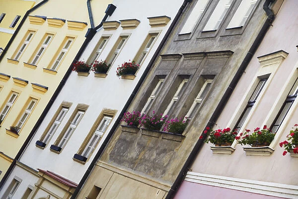 Czech Republic, Moravia, Olomouc, Facades Of Colourful Buildings