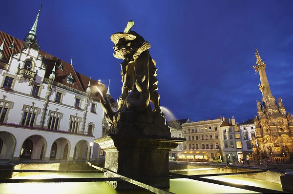 Czech Republic, Moravia, Olomouc, Fountain In Front Of Town Hall In Upper Square