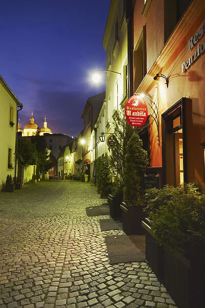 Czech Republic, Moravia, Olomouc, U Andela Restaurant On Picturesque Street At Dusk
