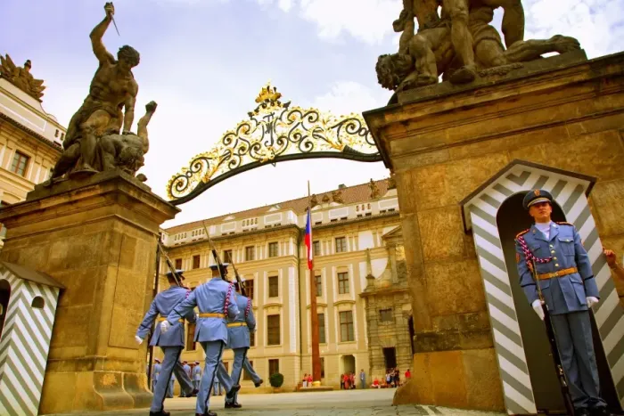 Framed Print : Czech Republic, Prague; A Castle Guard in uniform holding his post at the gate Framed Print : Czech Republic, Prague; A Castle Guard in uniform holding his post at the gate