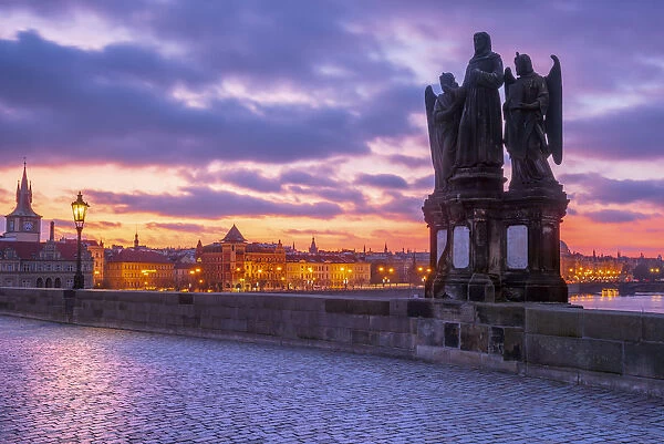Czech Republic, Prague, Charles Bridge, Karluv Most over River Vlatava, Statue of