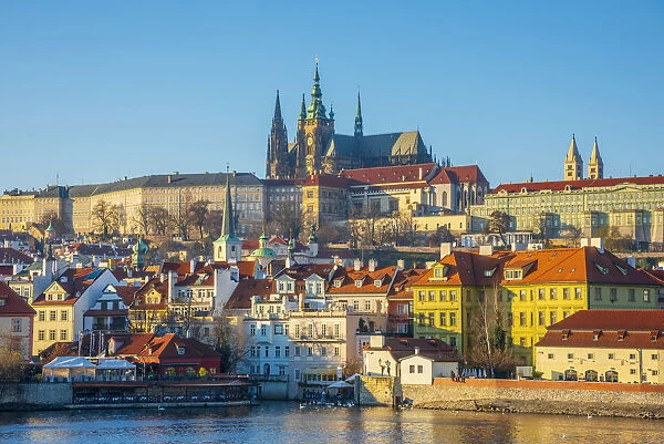 Czech Republic, Prague, Mala Strana and Prague Castle across River Vlatava