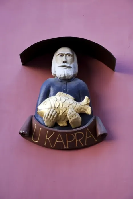 Framed Print : Czech Republic, Prague. The sign for Restaurant U Kapra, Prague