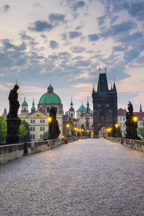 Framed Print : Czech Republic, Prague, Stare Mesto (Old Town). Charles Bridge at dawn Framed Print : Czech Republic, Prague, Stare Mesto (Old Town). Charles Bridge at dawn