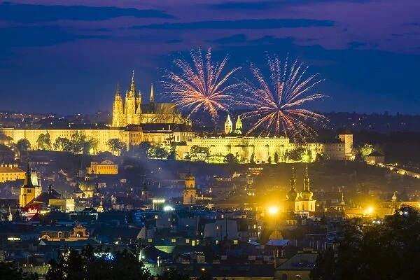 Czech Republic, Prague, Vinohrady. Fireworks over Prague Castle, Prazsky Hrad