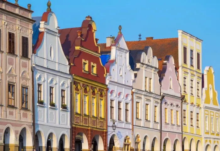 Framed Print : Czech Republic, Vysocina Region, Telc. Facades of Renaissance and Baroque houses