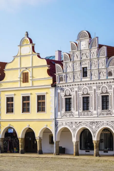 Framed Print : Czech Republic, Vysocina Region, Telc. Facades of Renaissance and Baroque houses