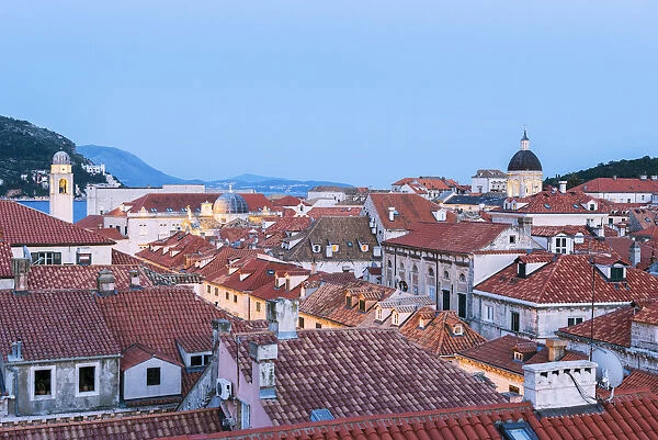 Dalmatia, Croatia, Dubrovnik. View over the rooftops of Dubrovnik old town at dusk