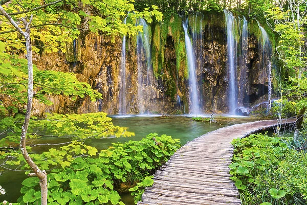 Dalmatia, Croatia, Plitvice lakes national park. Boardwalk and Waterfalls at Burget Lake