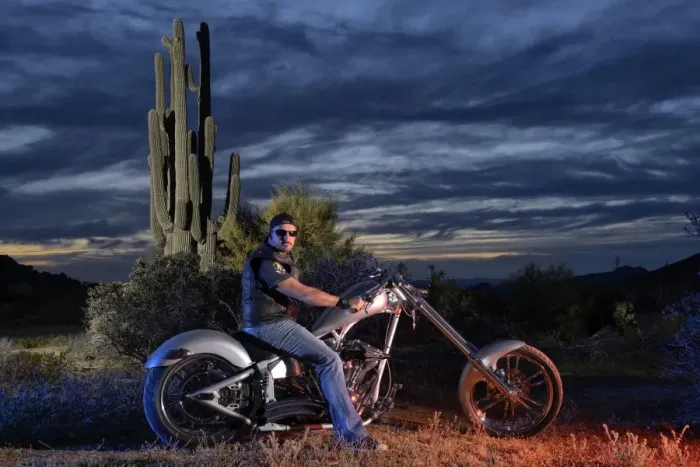 Framed Print : Dan Stewart on Chopper bike, Scottsdale, Arizona, USA MR Framed Print : Dan Stewart on Chopper bike, Scottsdale, Arizona, USA MR