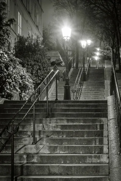 Framed Print : Dark stairs at night, Montmartre, Paris, Ile-de-France, France Framed Print : Dark stairs at night, Montmartre, Paris, Ile-de-France, France