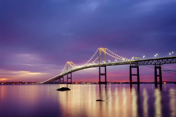 Framed Print : Dawn over Clairborne Pell Bridge, Narragansett Bay, Jamestown, Rhode Island, USA Framed Print : Dawn over Clairborne Pell Bridge, Narragansett Bay, Jamestown, Rhode Island, USA