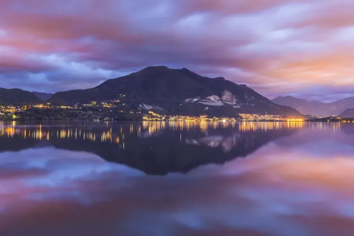 Framed Print : Dawn on Cornizzolo mount reflected on Pusiano lake, Lecco province, Lombardy, Italy