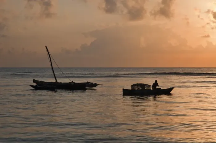Framed Print : At dawn, a fisherman sets out from Msambweni, south of Mombasa, with a fish trap while an outrigger canoe is still anchored in Framed Print : At dawn, a fisherman sets out from Msambweni, south of Mombasa, with a fish trap while an outrigger canoe is still anchored in