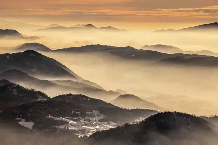 Framed Print : Dawn over the foothills of the Kamnik Savinja Alps from Kravavec, Slovenia Framed Print : Dawn over the foothills of the Kamnik Savinja Alps from Kravavec, Slovenia